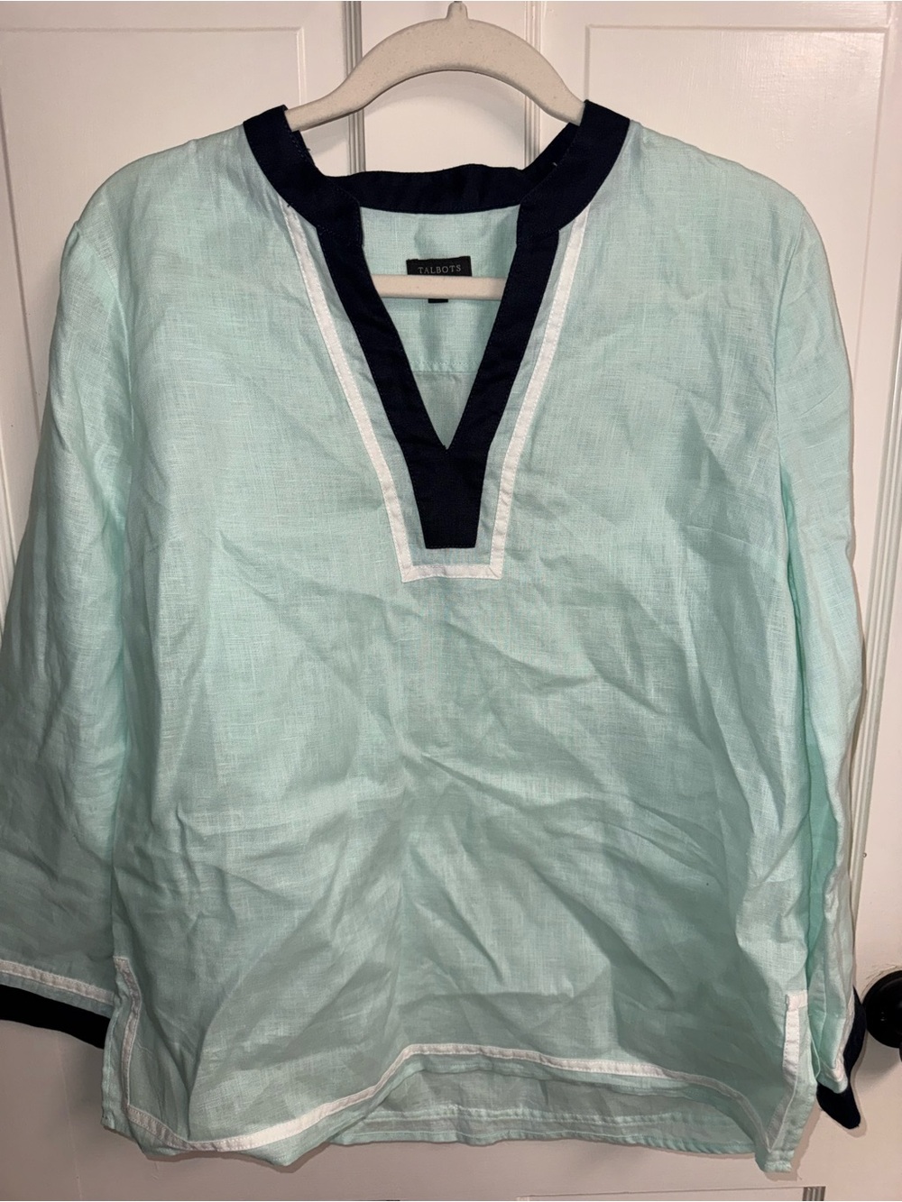 Talbots Mint Green Tunic with Navy Trim Linen
